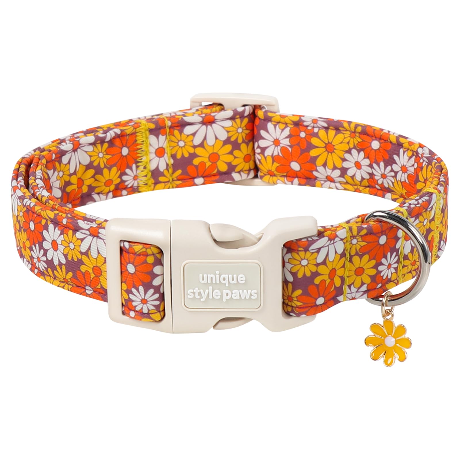 Unique style paws Fall Floral Dog Collar, Autumn Adjustable Cotton Dog Collar with Daisy Charm, Quick Release Buckle, Strong Metal D Ring, Orange Flower Dog Collar for Small Medium Large Dogs