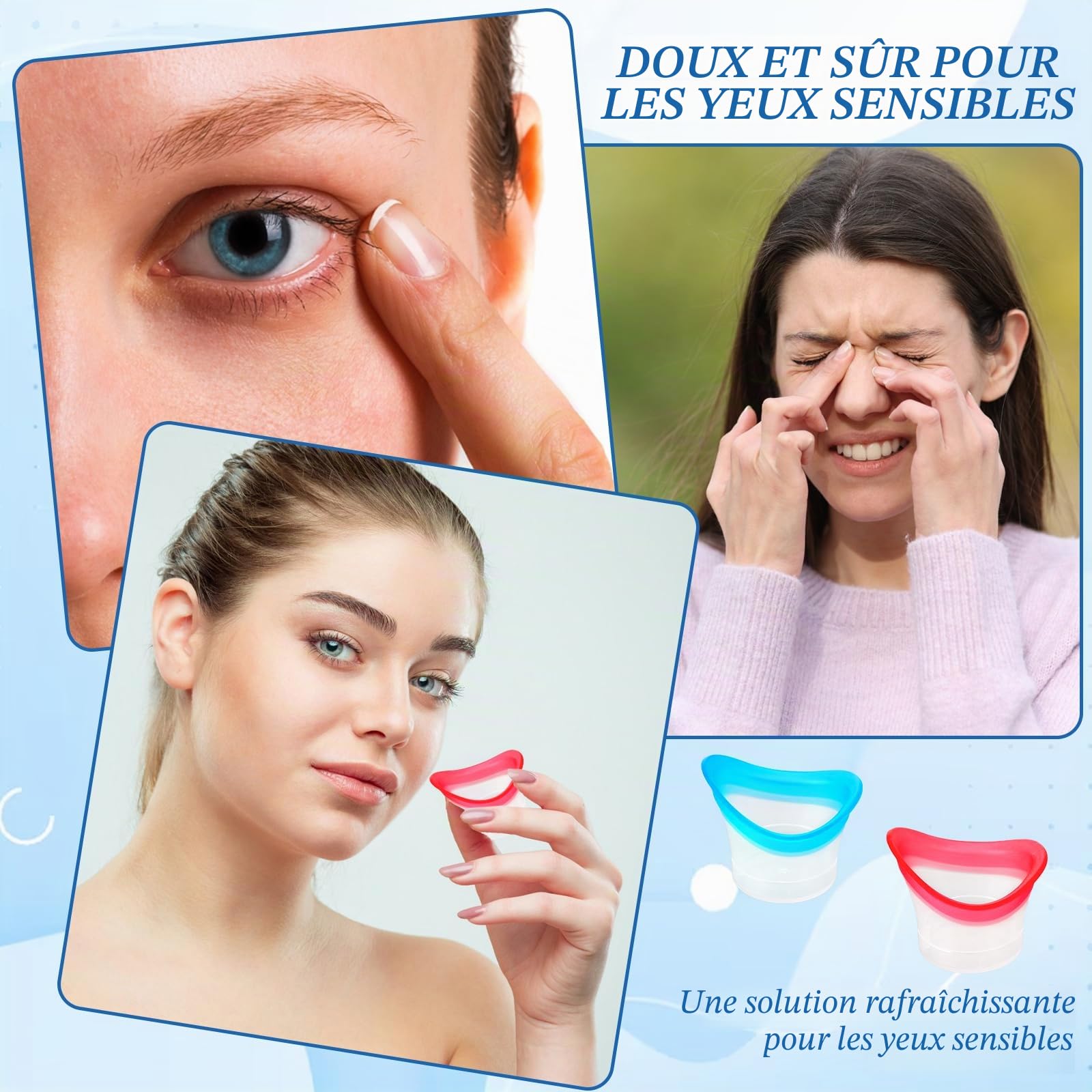Lot de 4 tasses de bain en silicone de 10 ml pour oeil - Douces - Réutilisables - Baignoire portable - Nettoyage - Outil pour oeil - Pour apaiser la fatigue, rose, bleu