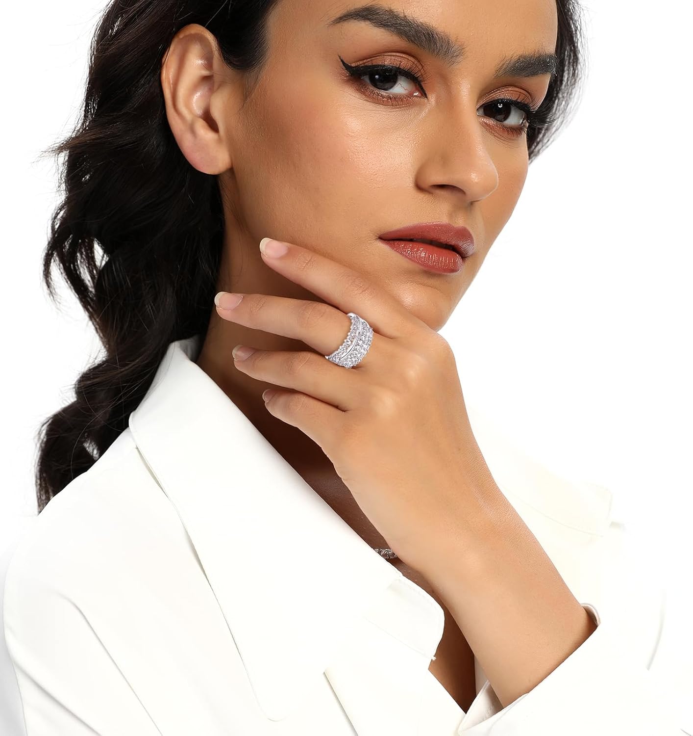 MDFUN 18K White Gold Plated Three-row Cubic Zirconia Engagement Rings Wedding Bands Round Cut Oval Emerald Cut CZ Promise Ring Eternity Band for Women Size 5-10 - Image 3