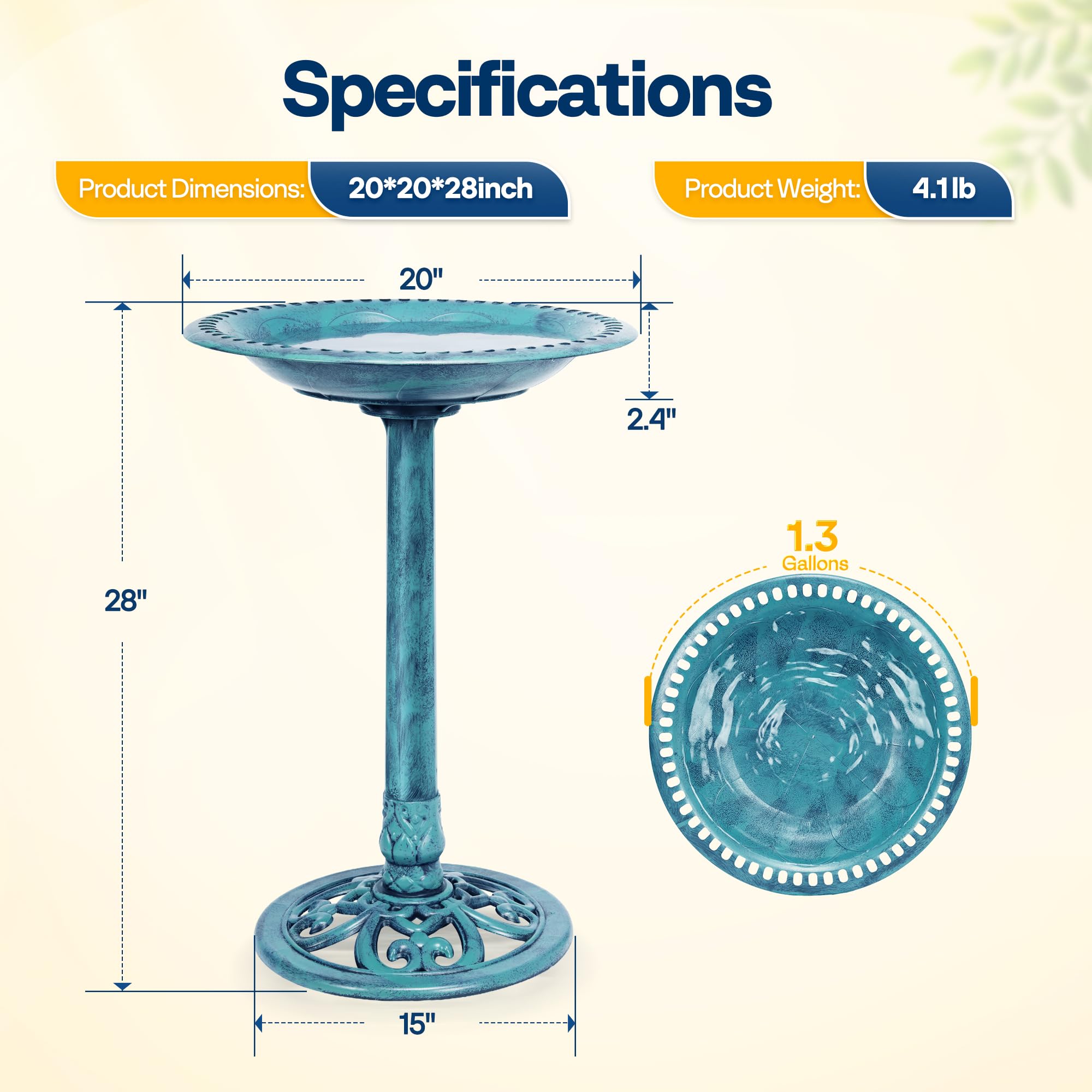 VIVOHOME Abbeveratoio per Giardino 71cm Altezza Poliresina Leggero Antico Plastica Resina da Terra Esterno Ciotola d'Acqua per Uccelli