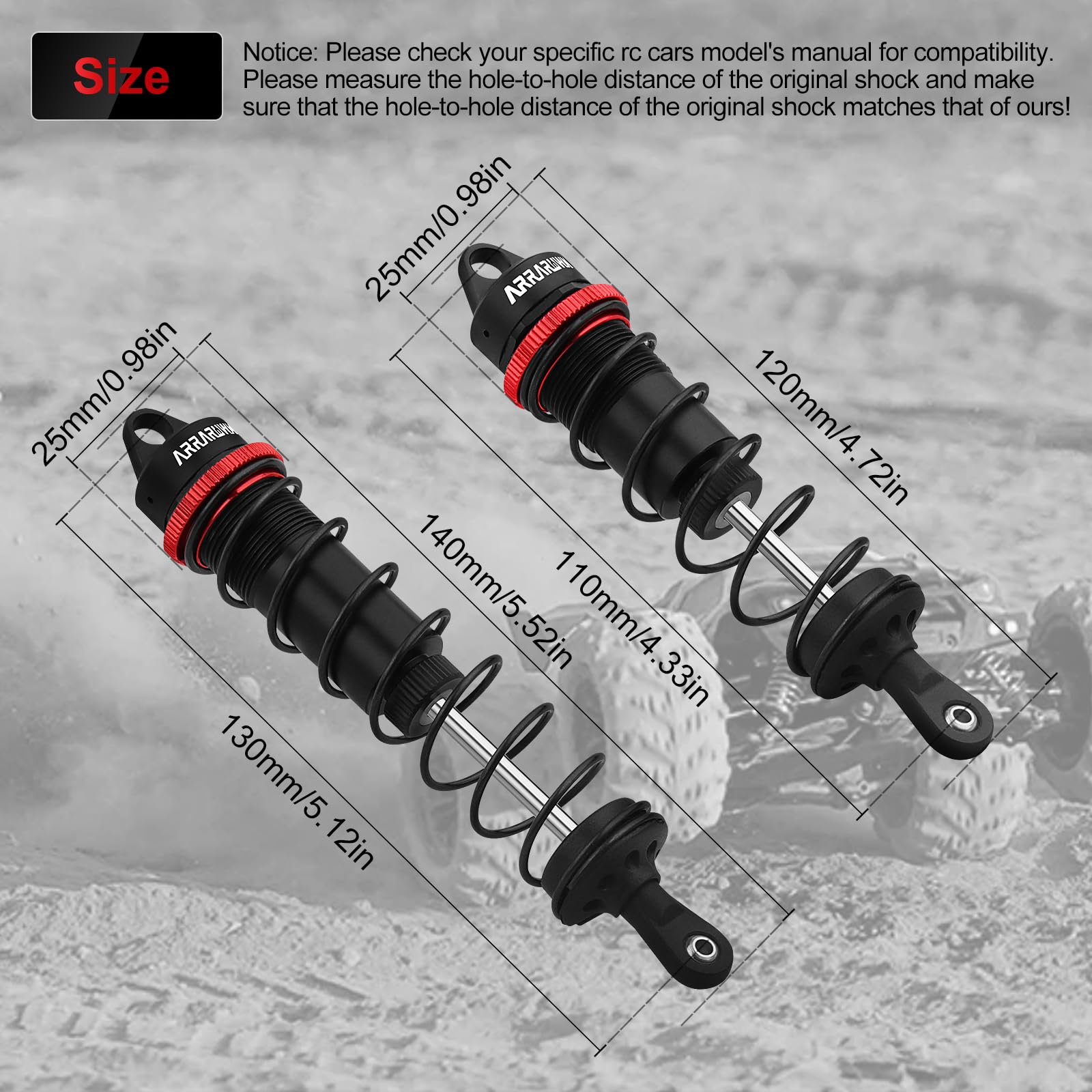 RC Car Shock Absorbers, 130mm Rear Shocks 110mm Front Shocks Set Adjustable Shocks Compatible with 1/8 Arrma Typhoon 6S Redcat FS/ZD Racing Buggy Truggy Replacement Parts (Black)
