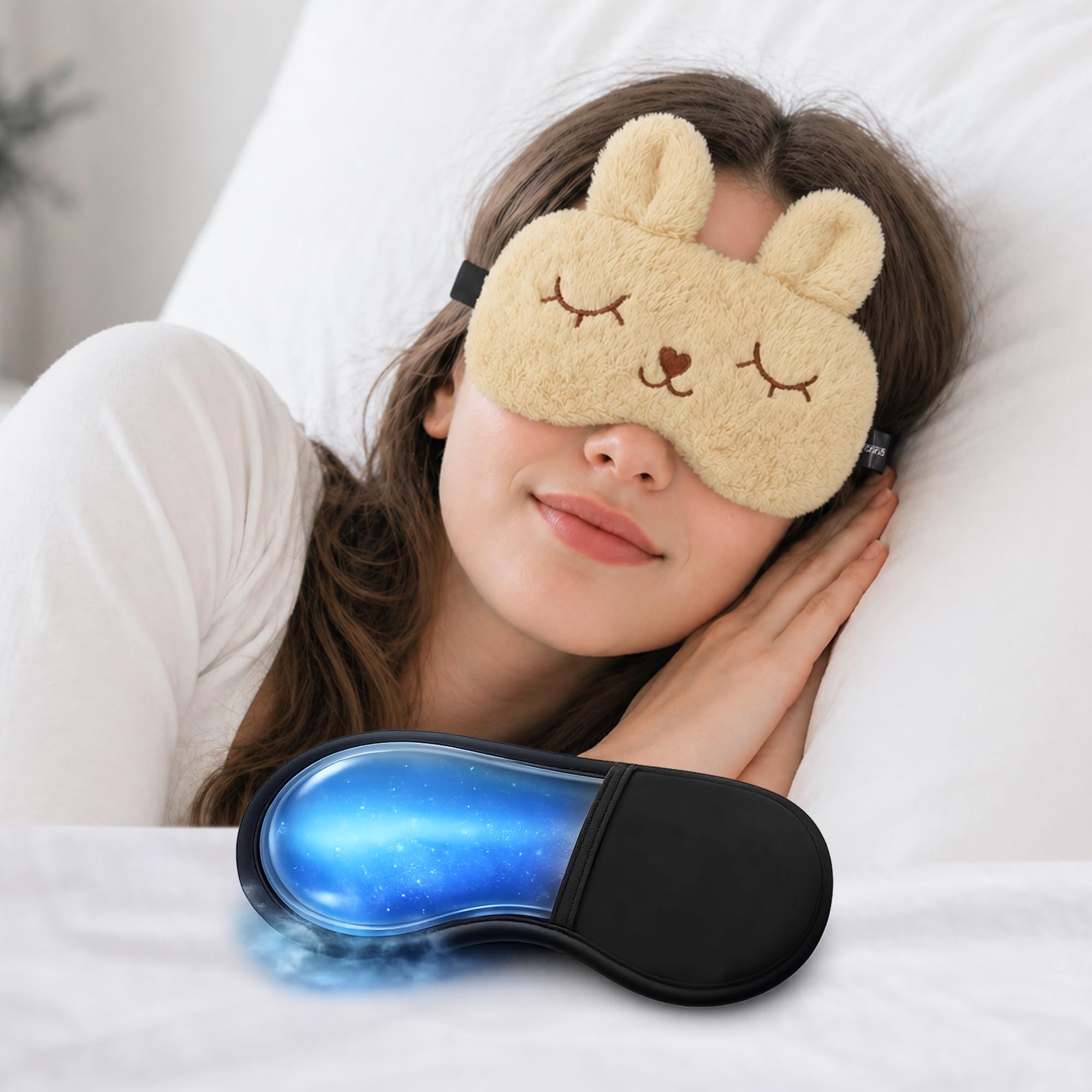 jenna eye mask for sleeping with adjustable strap super soft sleeping mask blind fold for comfortable sleep travelling sleep mask pad for girls sleeping (bunny-cream-gel)