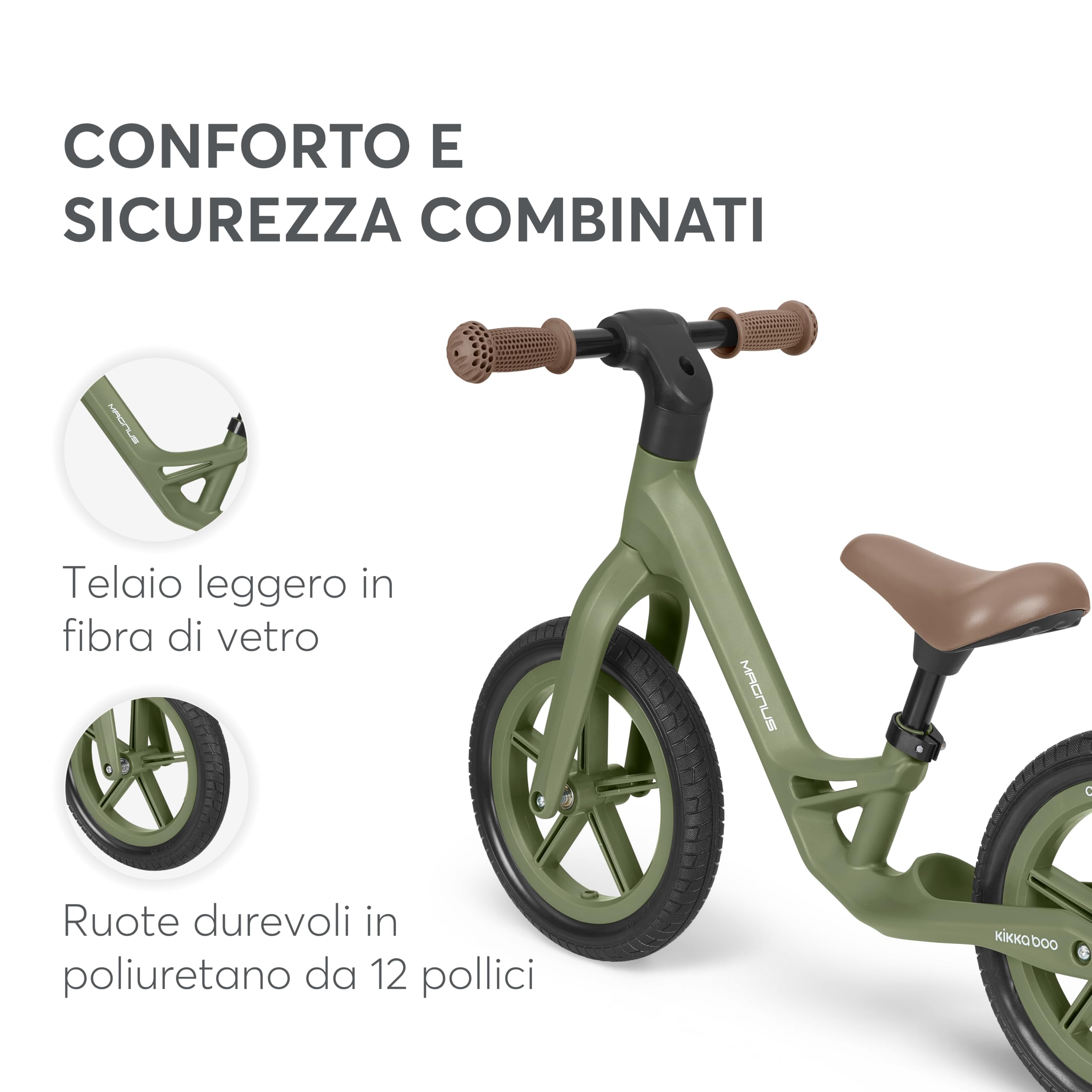 KikkaBoo MAGNUS Bicicletta Senza Pedali per Bambini 3–6 Anni, Telaio Leggero in Fibra di Vetro, Sedile Regolabile, Maniglie Antiscivolo, Ruote PU Resistenti