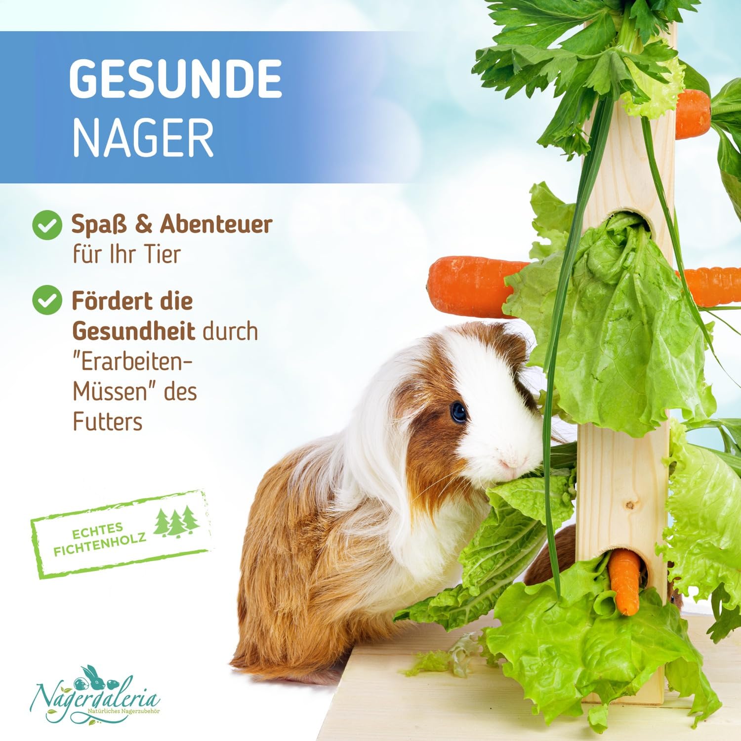 Futterbaum Kaninchen Meerschweinchen mit Bodenplatte aus Holz und Erdspieß fürs Freigehege Hasen | Heuraufe Kaninchen