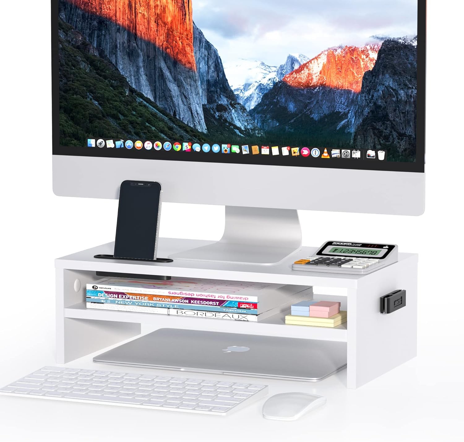 Solid Sheesham Wooden Monitor Stand Riser for Desk, 2-Tier Computer Monitor Stand | Desk Shelf Organizer with Storage, Laptop & Printer Stand with Phone Holder and Cable Management-image-3
