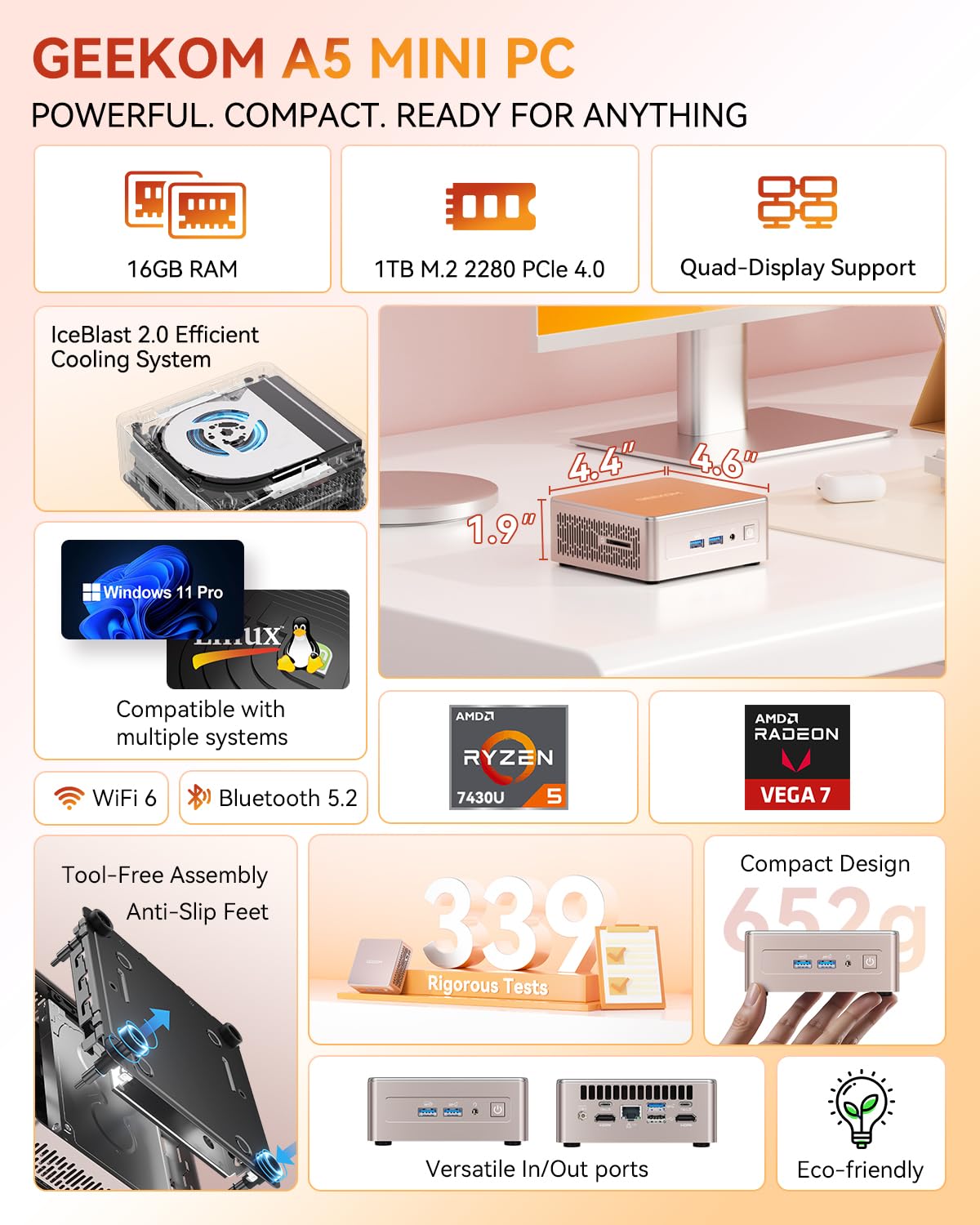 GEEKOM Mini PC A5 z AMD Ryzen 5 7430U, możliwość rozbudowy DDR4 RAM + 1 TB SSD (maks. 4 TB), Windows 11 Pro, ultra cichy kompaktowy komputer stacjonarny z grafiką AMD Radeon, wyjście Dual HDMI 4K