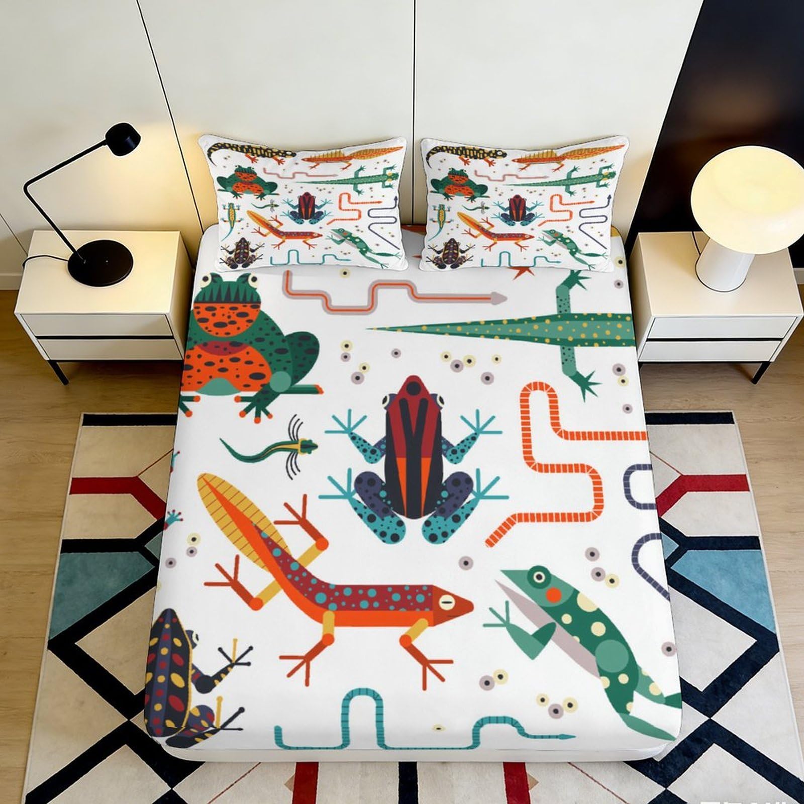 3D Printed Colorful Gecko Fitted Sheet Microfiber Soft Breathable Lizard Mattress Cover for Bedroom Dorm Decor 90x200x25cm