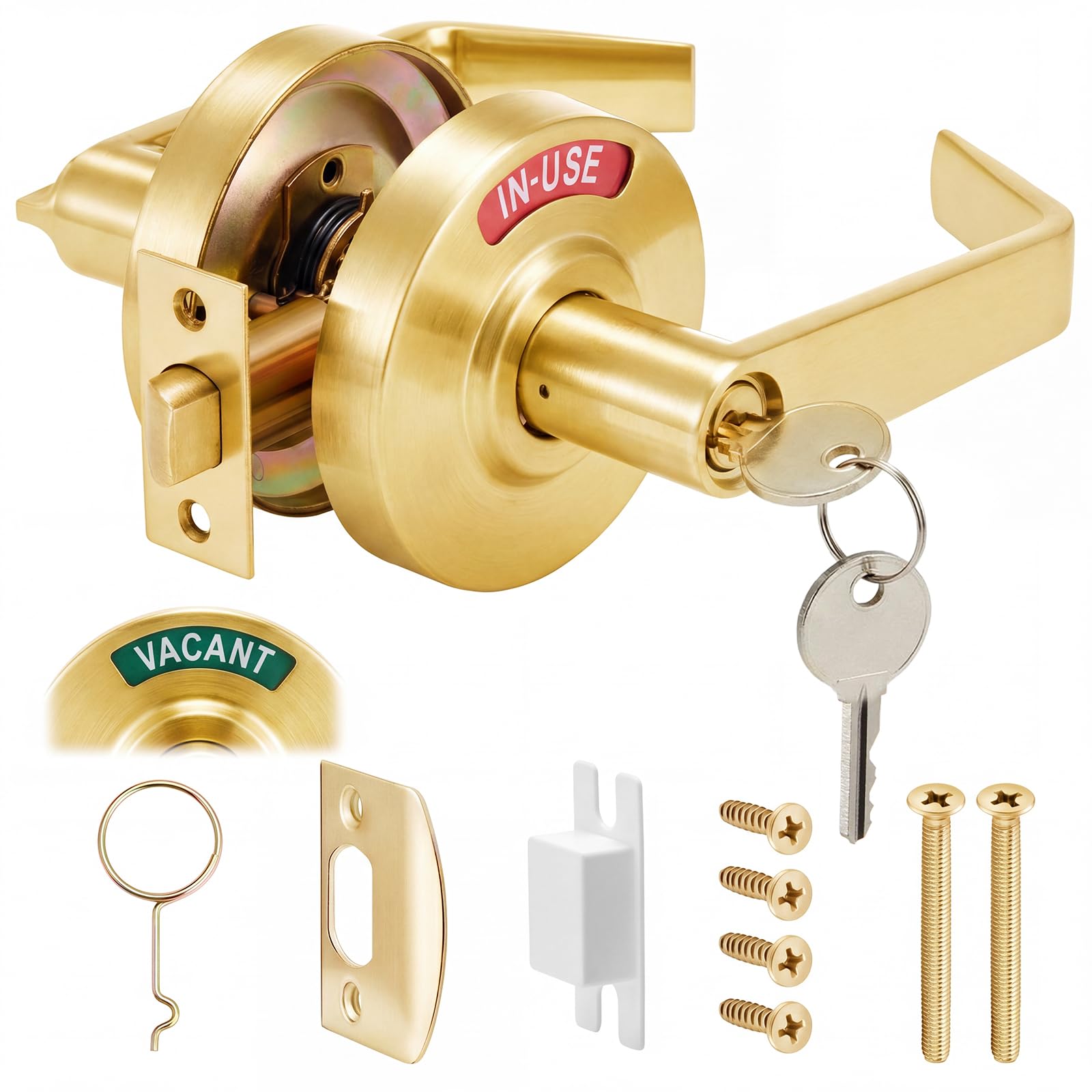 Tandefio Vacant Occupied Bathroom Lock with 2 Key, Indicator Privacy Handle Lock, Commercial Door Handle with 3.54" Rosette for Public Restroom Restaurant Hospital, Satin Chrome(90mm,Gold)-picture-15