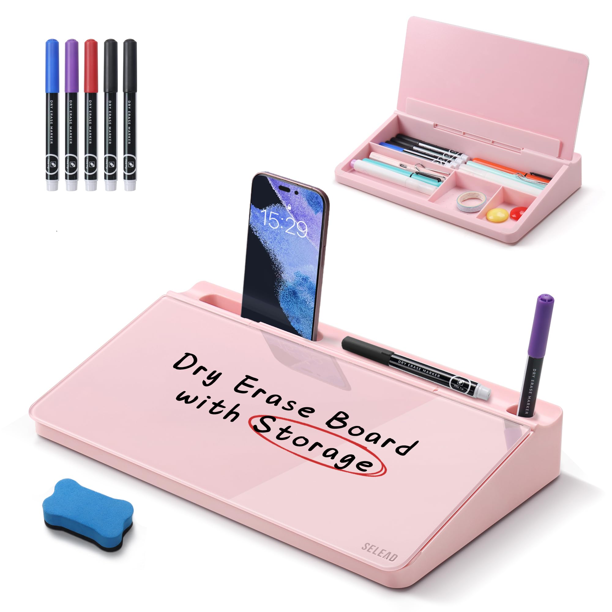 SELEAD Desktop Glass Whiteboard with Storage, Small Dry Erase White Board Computer Pad Keyboard Stand for Home, School, Office Desk Accessories - Pink