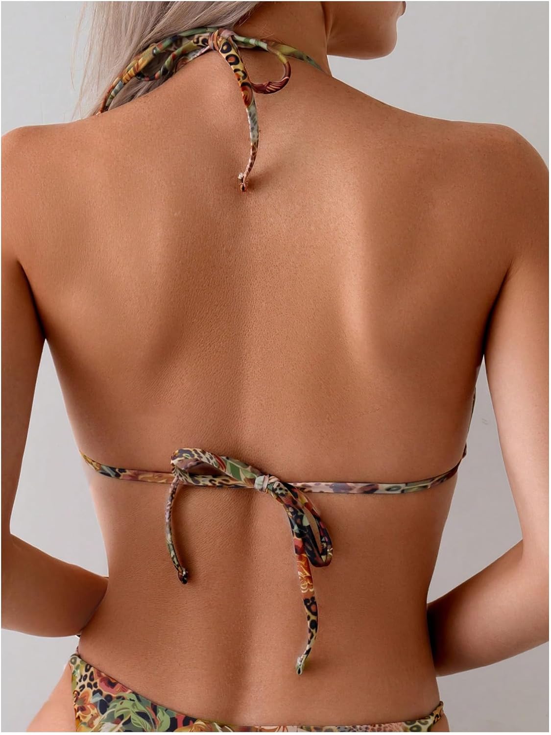 Women's 2 Piece Leopard Floral Bikini Sets Ring Triangle Halter Bathing Suit Tie Back Swimsuit - Image 4