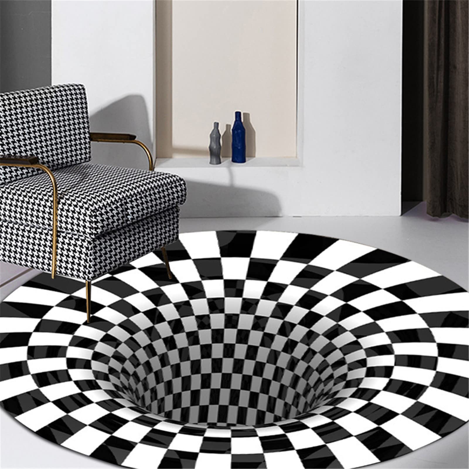 Tappeto 3D Antiscivolo Zerbino Tappeto Illusione Ottica Rotondo Tappeto A Scacchi Vortice Bianco E Nero Illusion per Soggiorno Sala da Pranzo Camera da Letto Cucina Interni Esterni,3,100cm