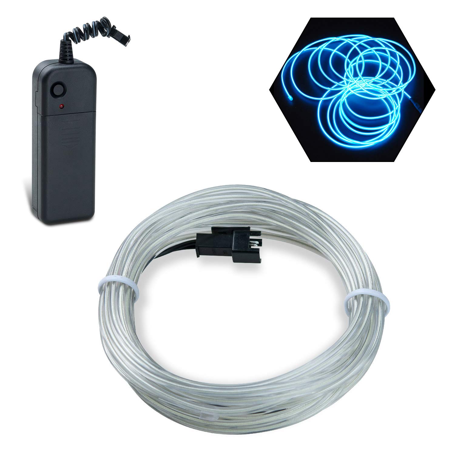 Podazz El Wire 16.4ft/5m Ice Blue, Neon Glowing Strobing Electroluminescent Wire with 3 Lighting Modes, Battery Operated El Light for Halloween Decor, Parties, Xmas Tree, Cosplay, Car Bar Decor