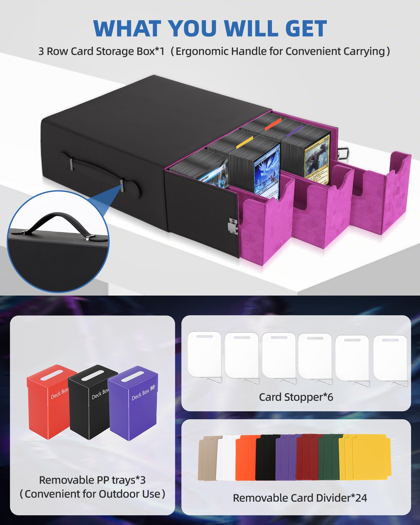Heypappy Trading Card Storage Box 2400+ Capacity, Includes 3 PP Cases & Handle, 24 Colorful Dividers & 6 Card Supporters - Image 3