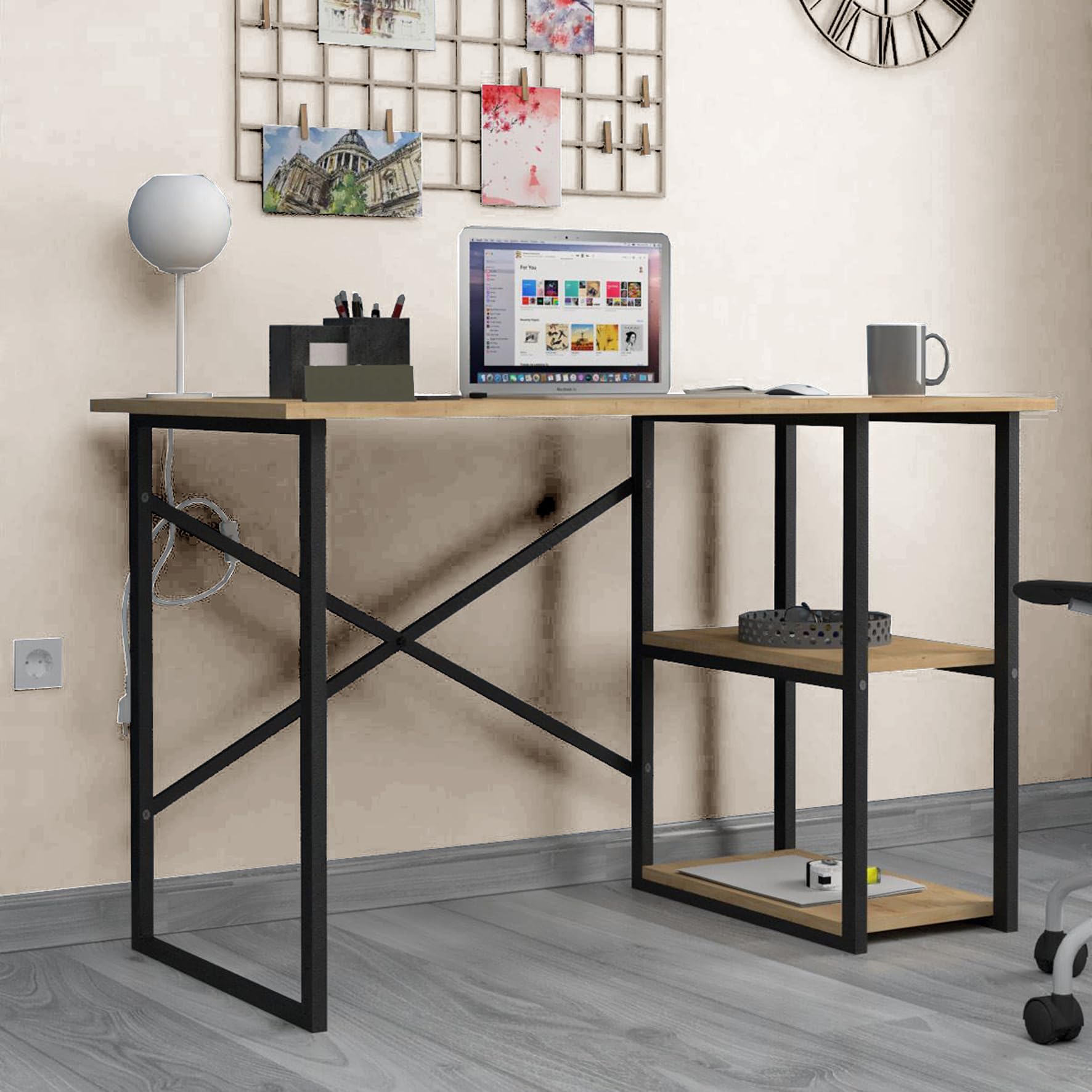 Mesa escritorio. Mesa de ordenador. Con 2 estantes. Estilo industrial. Estructura metálica negra y tablero melamina color roble Safir. (Alto 75 cm/Ancho 120 cm/Fondo 60 cm)