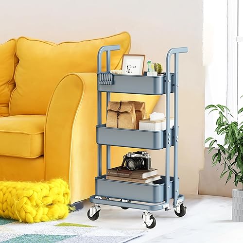 Miniatura 2 de DTK Mini carrito plegable de 3 niveles, carrito utilitario de metal con ruedas con bloqueo, carrito de almacenamiento plegable para sala de estar,