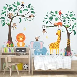 Paneles Decorativos Infantiles Para Paredes DECOWALL SG-2112 Jungle Tree and Animals Pegatinas de pared para niños Calcomanías de pelar y pegar extraíbles para guardería, dormitorio, sala de estar, arte, murales, decoraciones