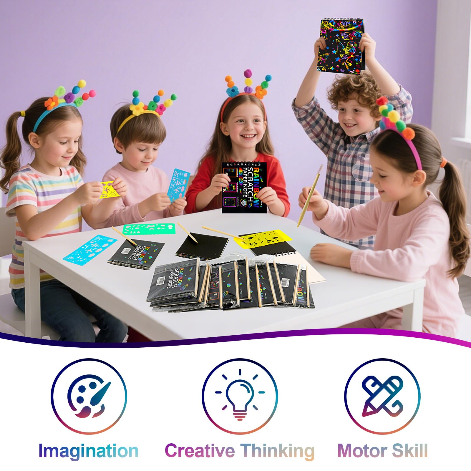 Carte à Gratter Enfant 12 Pack Notes Arc-en-ciel Livre d'Art à Gratter avec Stylo Bambou