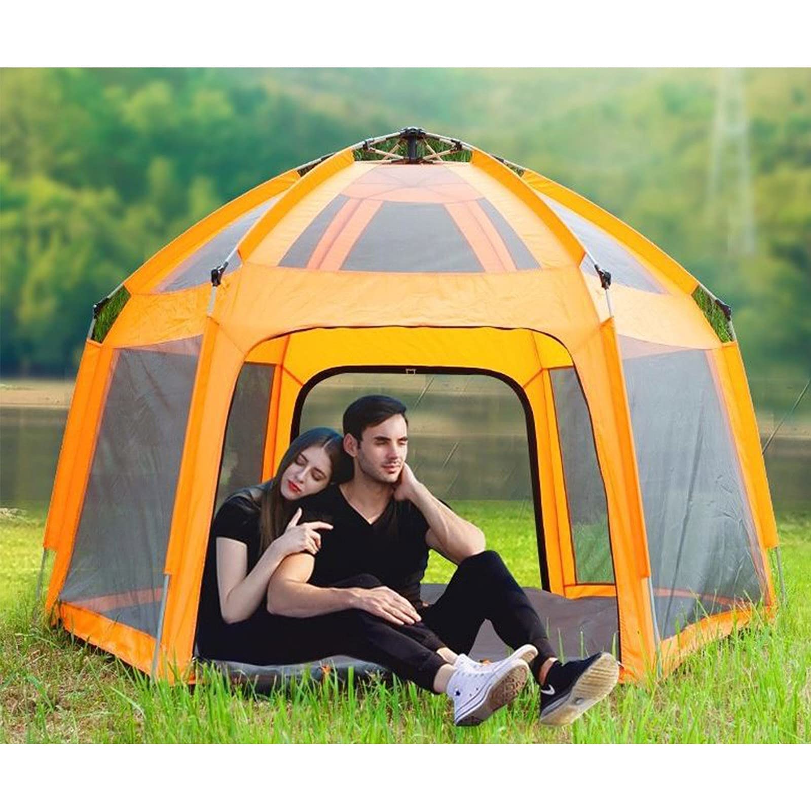 Tenda esagonale automatica da esterno, parco da campeggio all'aperto per il tempo libero 5-8 persone protezione solare e tenda antipioggia