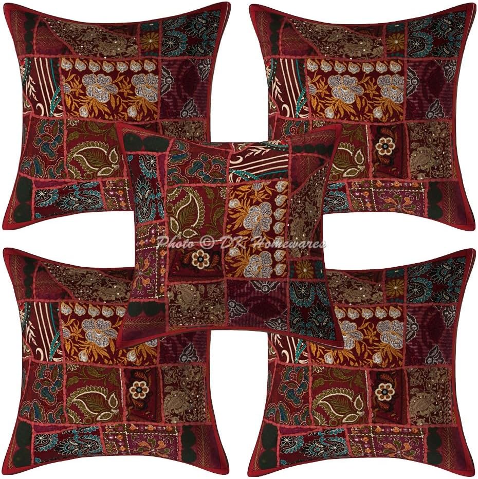 Decorative Throw Cushion Covers 16 x 16 Inch Cotton Vintage Patchwork Indian Square Embroiderded Cushion Covers (Size - 40x40 cm ; Color: Burgundy Maroon) - Set of 5 Pcs (Cover Only)