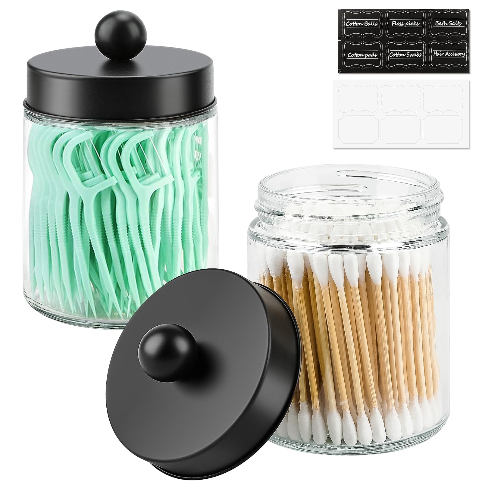 Goramio 2 Pack Glass Apothecary Jars with Lids for Bathroom, Cute Qtip Holder, Black Bathroom Accessories Set, Small Bathroom Canisters with Lids for Q-Tips, Cotton Swabs, Black Bathhouses Decor