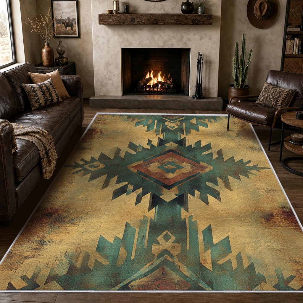 Tapis Amerindien Salon Chambre Interieur 120x170 cm | Motif Aztèque Mexicain Azteque Vintage, Antidérapant, Lavable, Poil Ras, Carpet, Decoration, Moquette, Descente De Lit