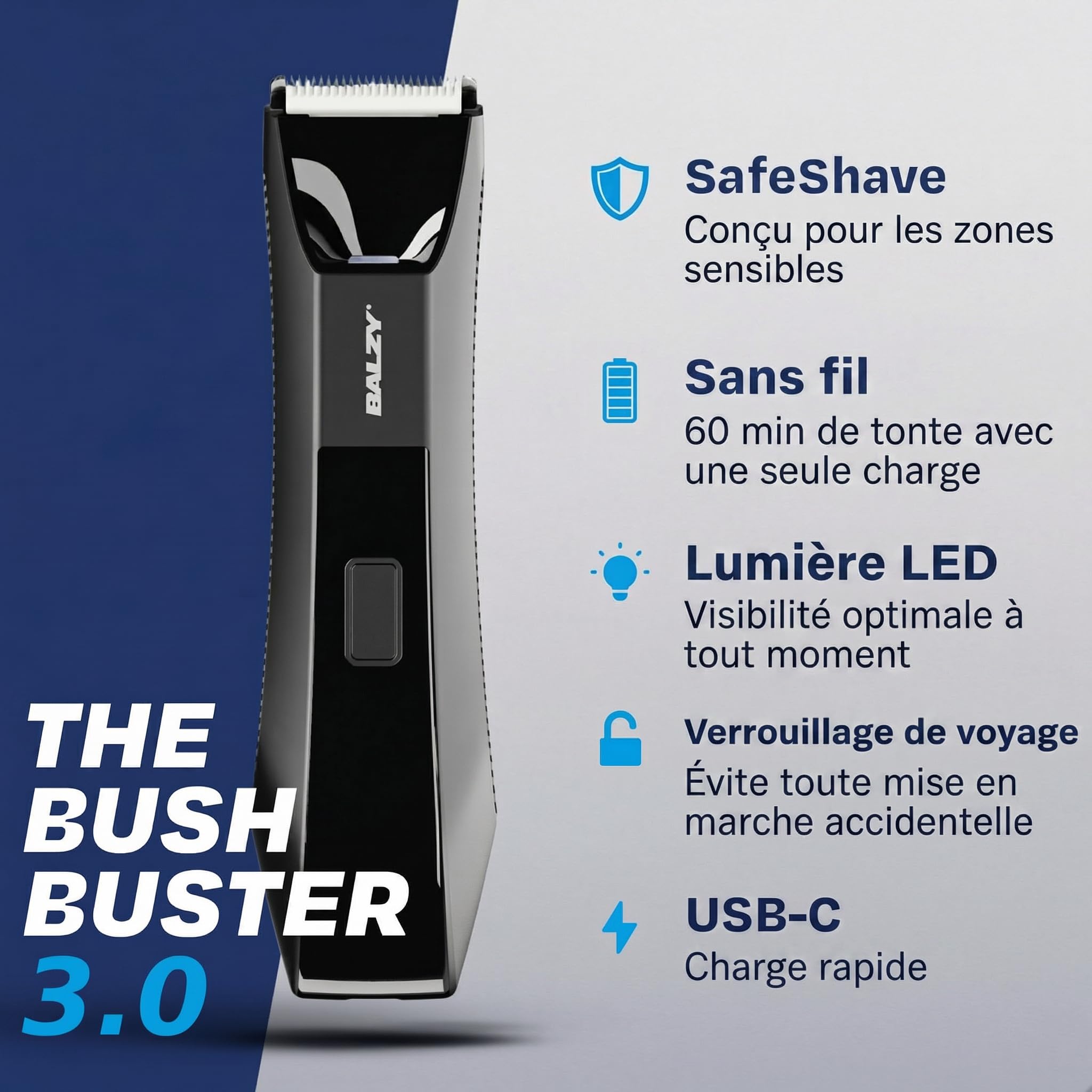 BushBuster 3.0 - Tondeuse de Corps pour Hommes - Tondeuse Parties Intimes - Bodygroomer pour Sous la Douche - Sans Fil - Noir