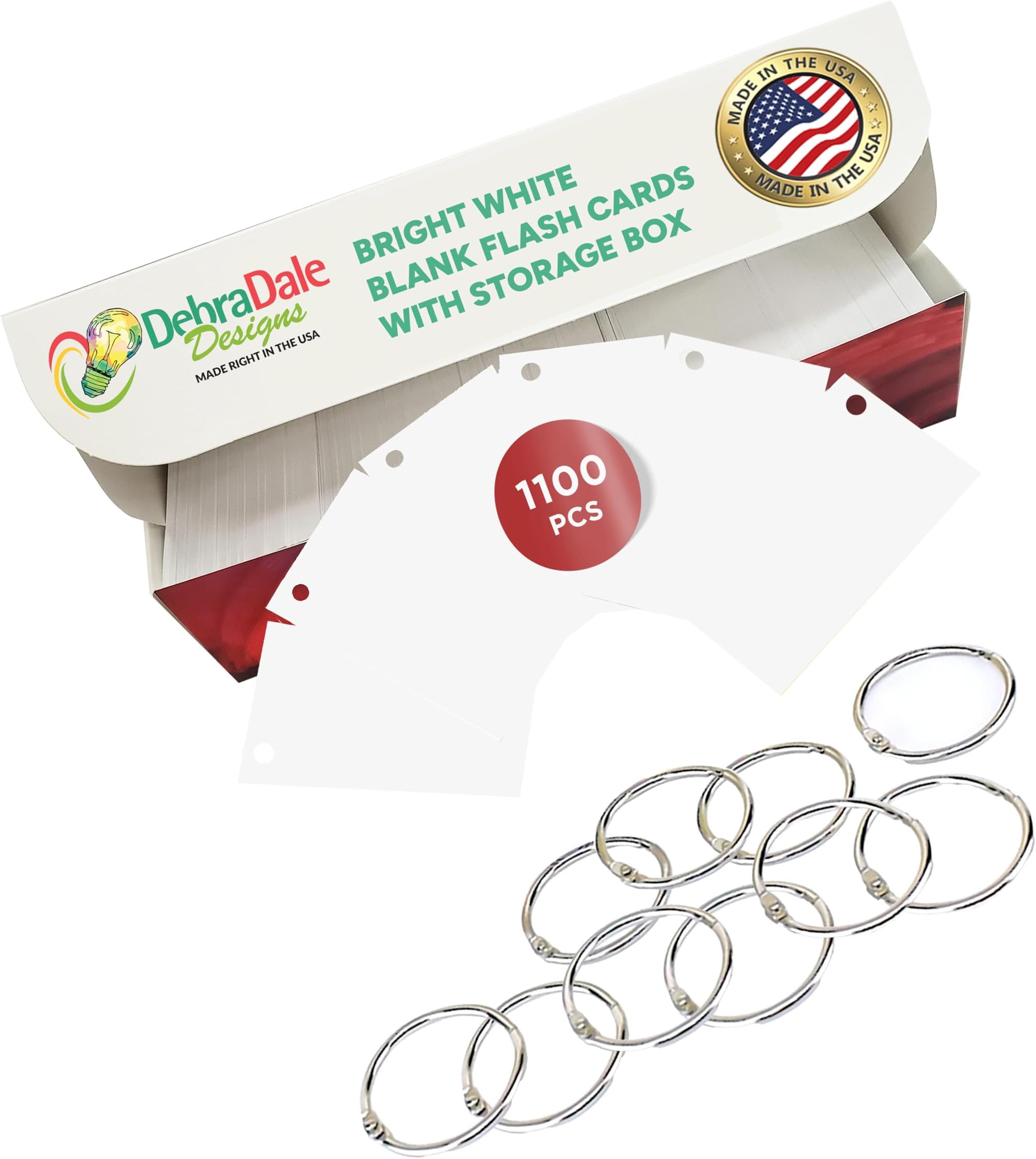 MADE IN USA – Debra Dale Designs White Flash Cards – 2"x3.5" Blank Notecards – 1,100 Hole-Punched with 10 Rings – Classroom Supplies for Test Prep & Study
