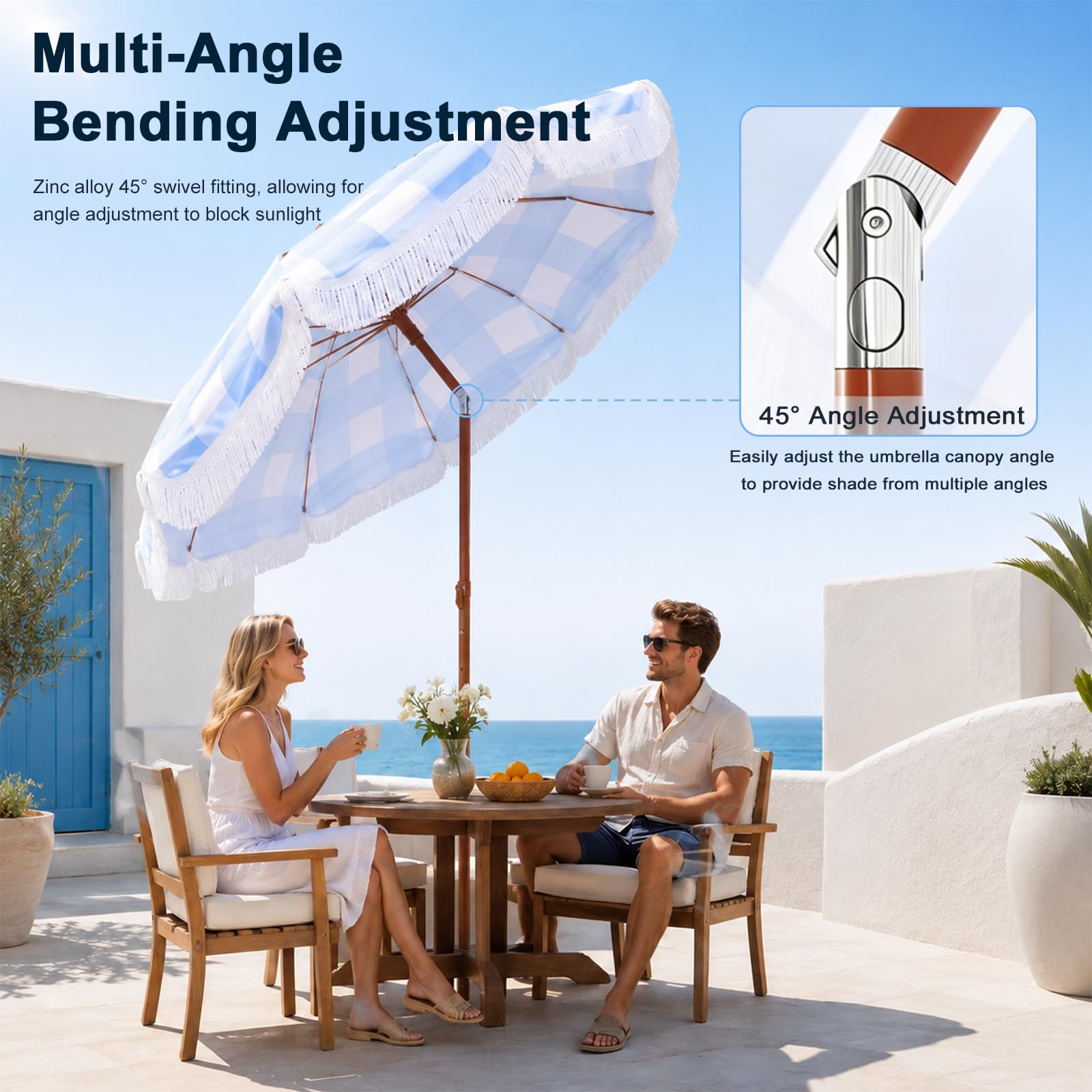 Parasol de Plage à Carreaux avec Franges Parasol de Jardin Vintage Inclinable à 45 Degrés UPF 50 Plus Grand Extérieur Portable Terrasse Pique-Nique