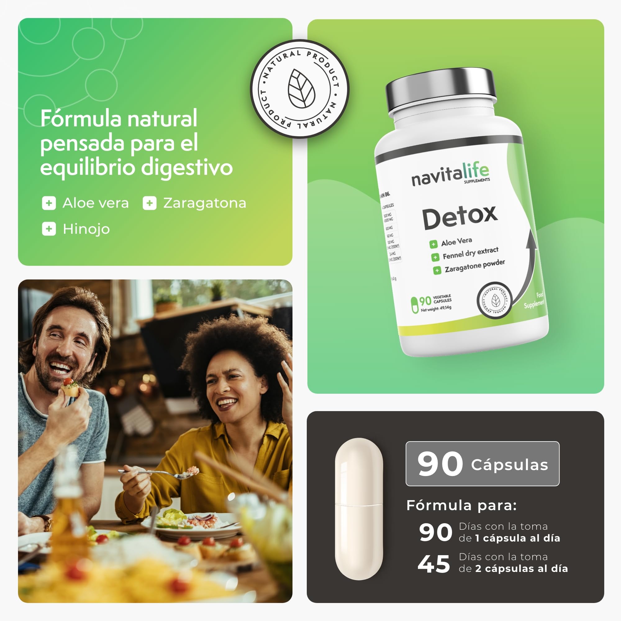 Detox.Suplemento de Aloe Vera con Hinojo y Zaragatona | 90 Cápsulas (hasta 90 días) | Ideal para Rutinas Desordenadas | Navitalife