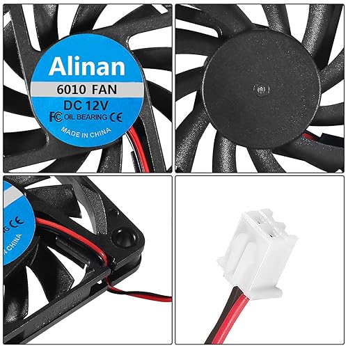 Miniatura 4 de Alinan 4pcs 6010 12V Fan 2.362x2.362x0.394 in 2-pin Sleeve Bearing Brushless DC Cooling Fan para impresora 3D, computadora