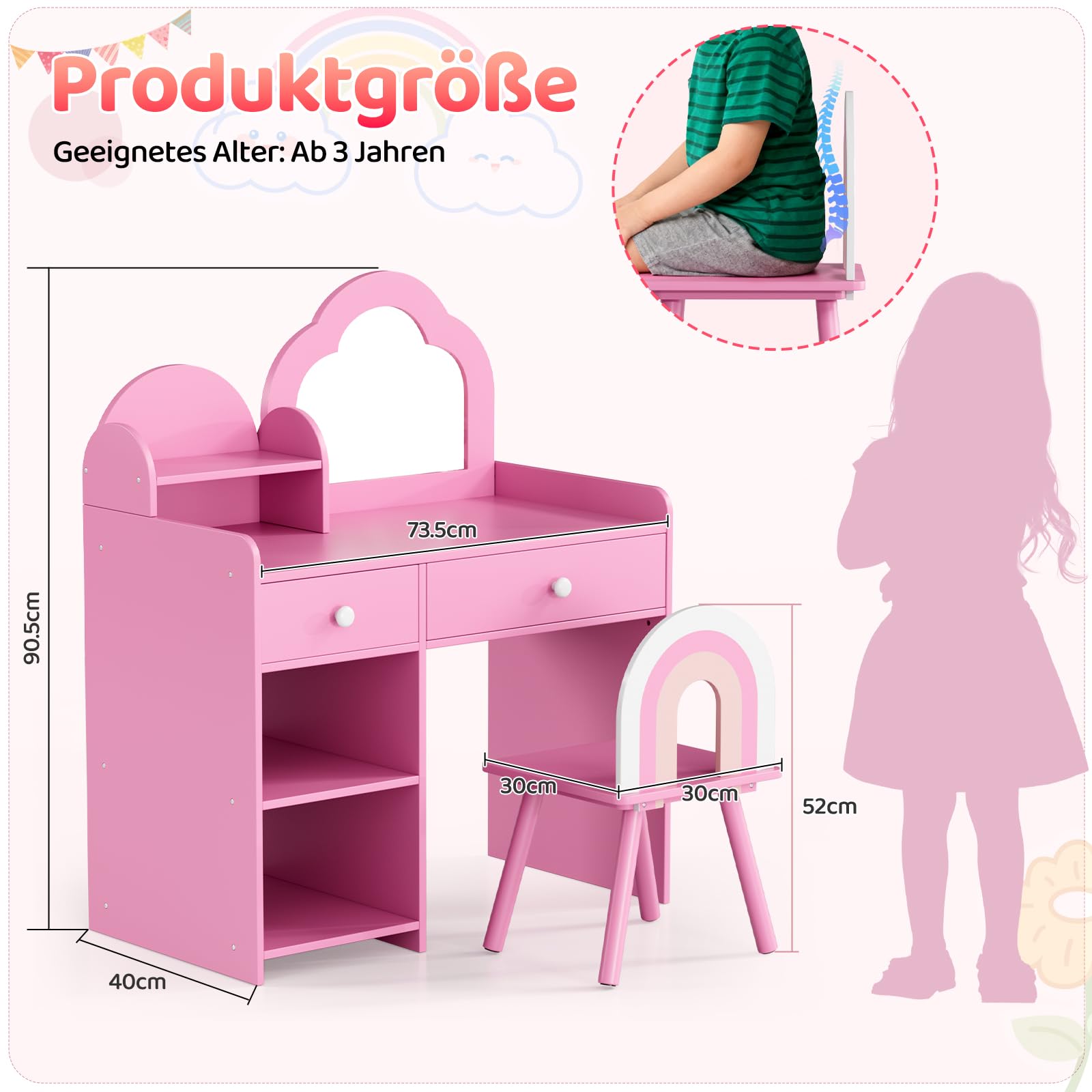 MAMIZO Tocador Infantil con Taburete y Espejo, Tocador para Niños con Cajón, con Forma de Nube, Robusto y Estable, 2 en 1 Mesa de Maquillaje Infantil 3,5x40x90,5cm, para 3-8 Años (Rosa)