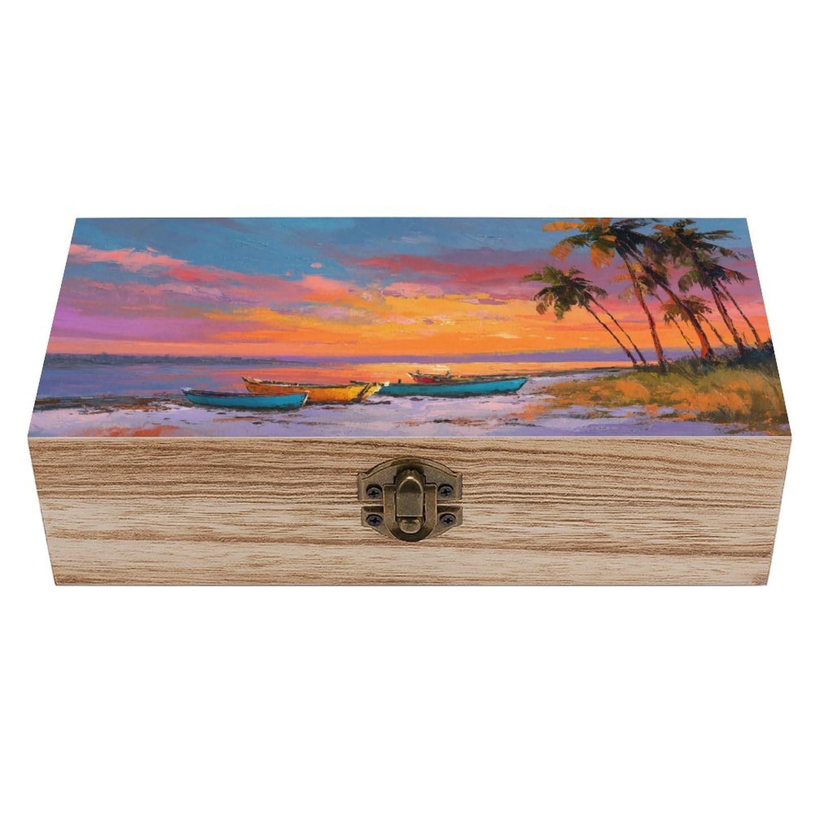 Ahdyr Beach with Palm Trees Sunset Wooden Storage Box with Hinged Lid And Front Clasp Large Keepsake Box