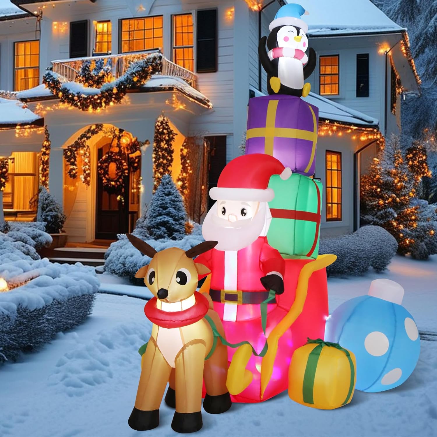 5.9FT Christmas Inflatable Santa on Red Sleigh with Reindeers and Gift Boxes with LED Lights Waterproof Blow up Outdoor Yard Decorations