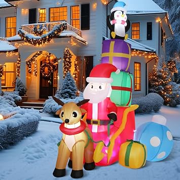 5.9FT Christmas Inflatable Santa on Red Sleigh with Reindeers and Gift Boxes with LED Lights Waterproof Blow up Outdoor Yard Decorations