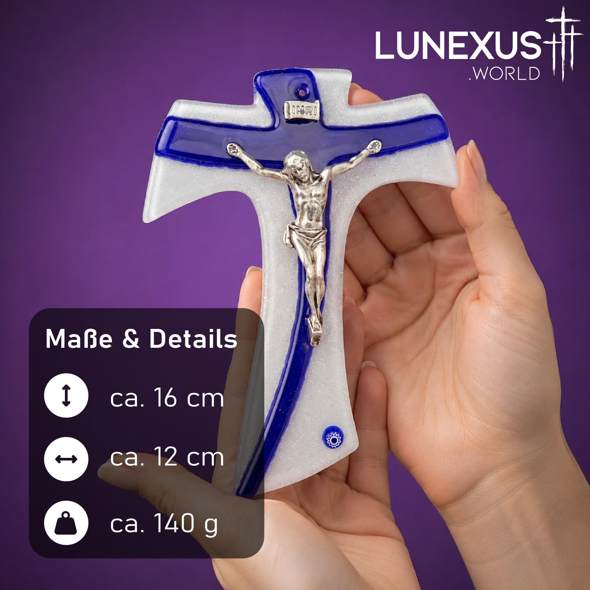 Lunexus Szklany krzyż ścienny 16 cm z korpusem Jezusa INRI biały/niebieski