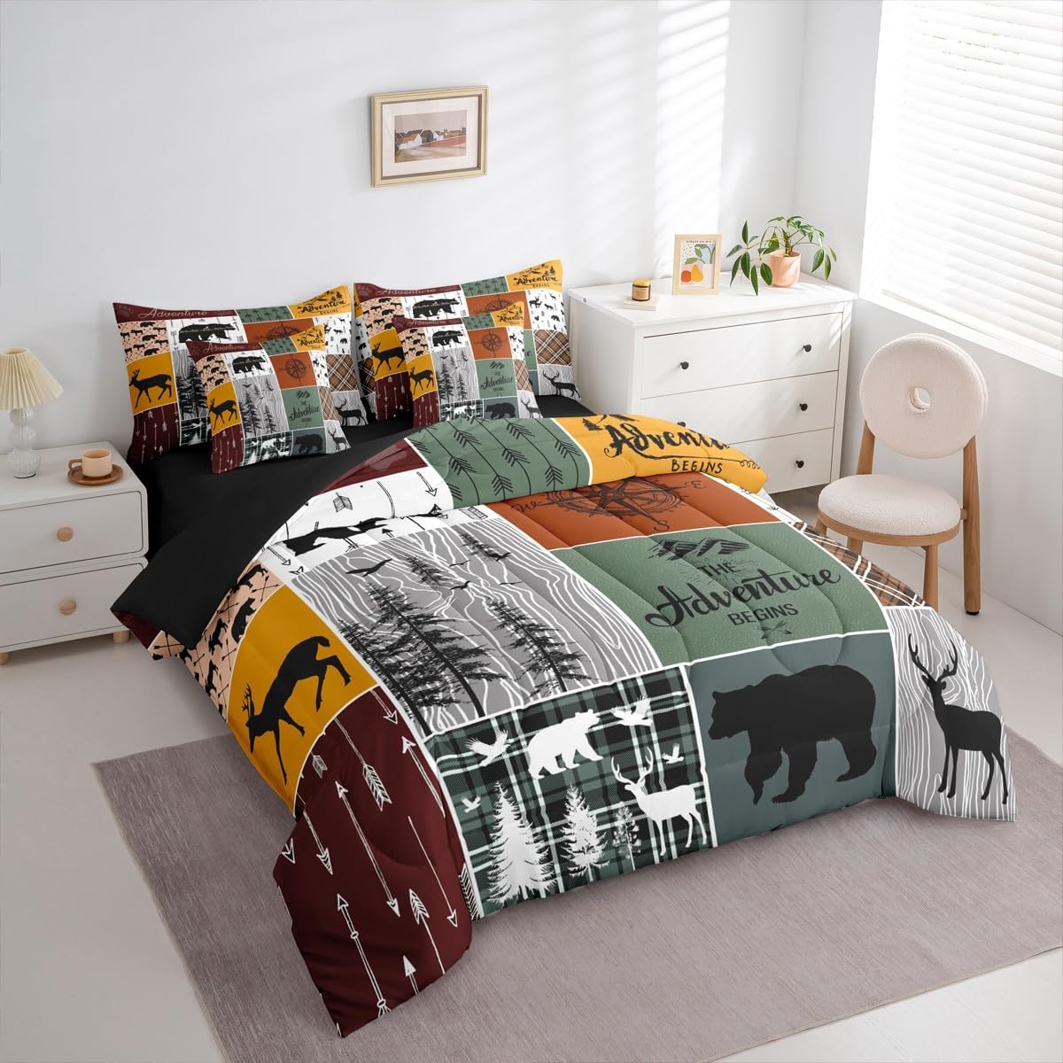 Erosebridal Bear Deer Comforter for Boys, Rustic Cabin Fitted Sheet Twin Size 7 Pieces, Lodge Patchwork Flat Sheet Farmhouse Country Pillow Cases, Vintage Adventure Throw Pillow Covers, Green Grey