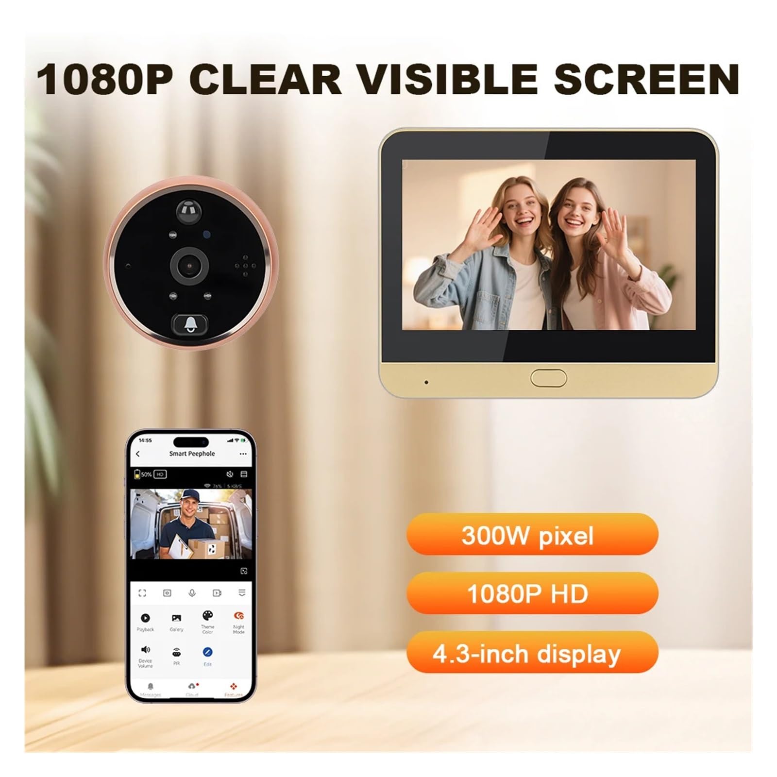 Sonnette Judas vidéo, Batterie 8000mAh, visionneuse de Porte numérique(Doorbell 32G)