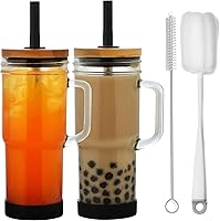 Vista 1 de ALINK Vasos de vidrio con tapas y pajitas, vaso de 24 onzas con asa, funda de silicona, puntas, cepillo, tazas de café helado reutilizables