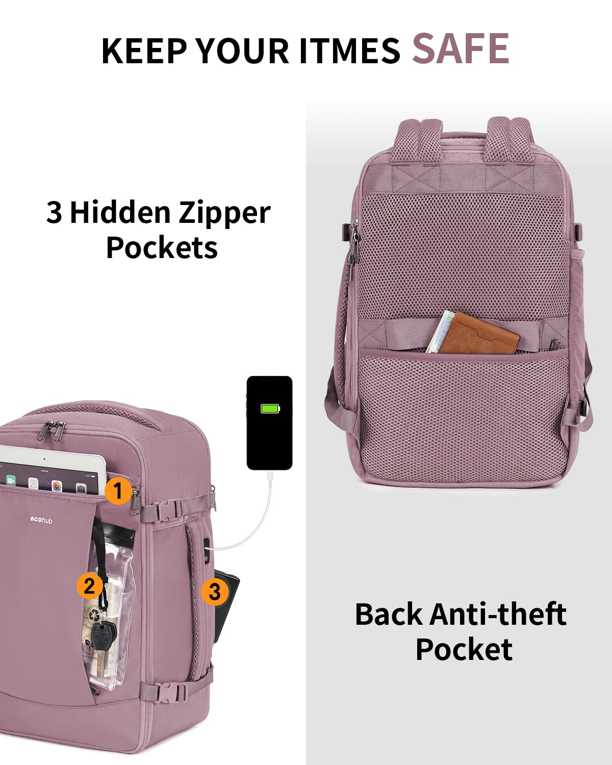 ECOHUB 20L Zaino Ryanair 40x20x25, Zaino Da Viaggio Aereo Bagaglio a Mano Con Scomparto Per Laptop 3D, Resistente all'Acqua Bagaglio a Mano 40x20x25 Ryanair, Riciclato Zaino Viaggio Donna Uomo, Rosa