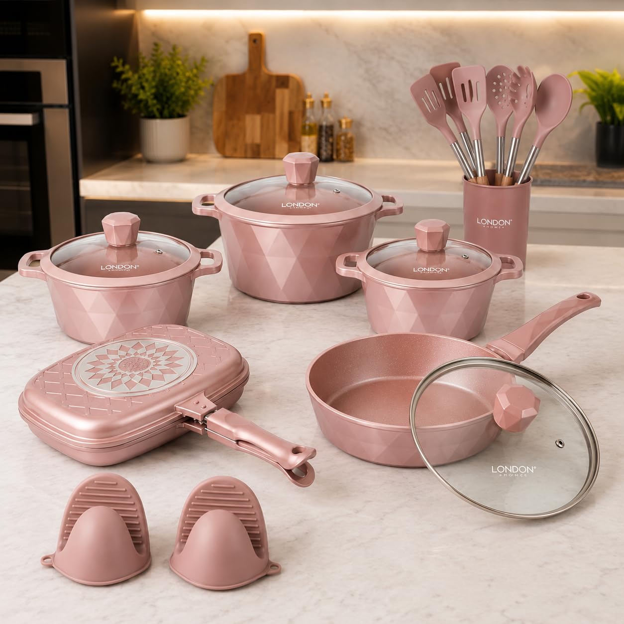 Conjunto de Panelas Cerâmica 17 Peças Rosé Gold Indução Gás Kit Completo Antiaderente Luxo