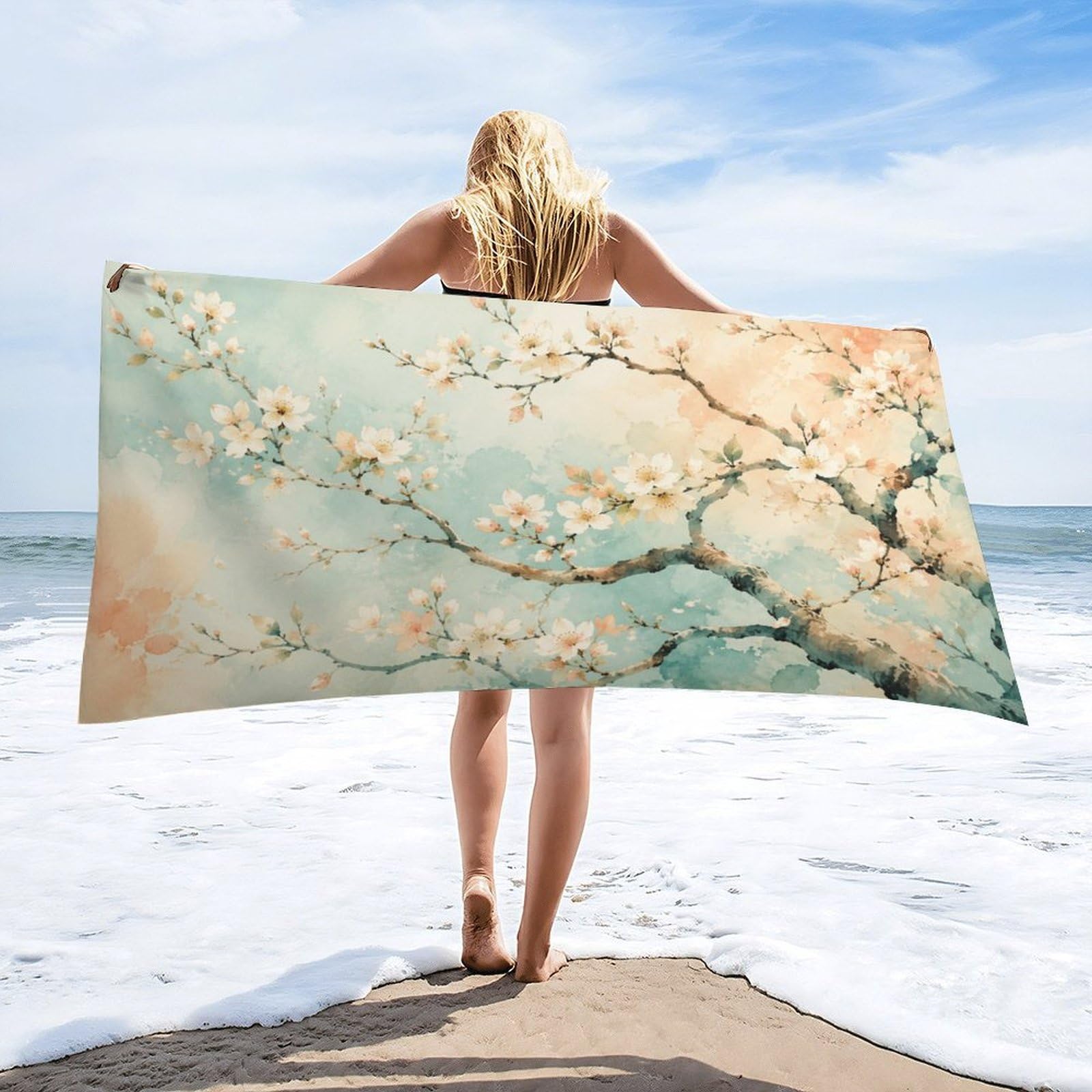 Anceky Cherry Blossom Branches Spring Floral Beach Towel 32"×63",Soft Microfiber Bath Towel Shawl, Quick Dry Absorbent Pool Spa Gym Shower Towel