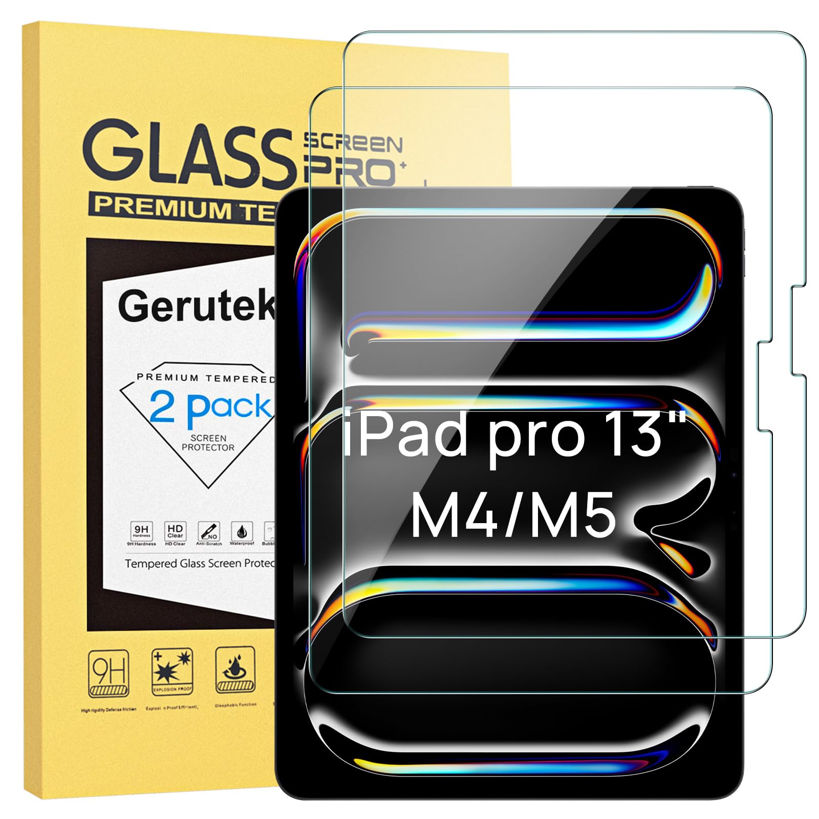 Gerutek 2 Stück Panzer Schutz Glas für iPad Pro 13 Zoll (7. Generation) M4 2024, 9H Härte Anti-Kratze iPad Pro 13 M4 Schutzfolie, HD-Klar Anti-Bläschen Displayschutzfolie für iPad Pro 13