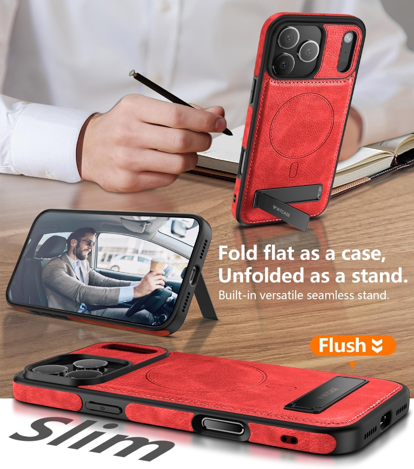 Magnetic for iPhone 17 Pro Max Leather Case,Built-in Invisible Stand [Compatible with Magsafe] Protective Slim Kickstand Phone Cover for iPhone 17 Pro Max,Red - Image 3