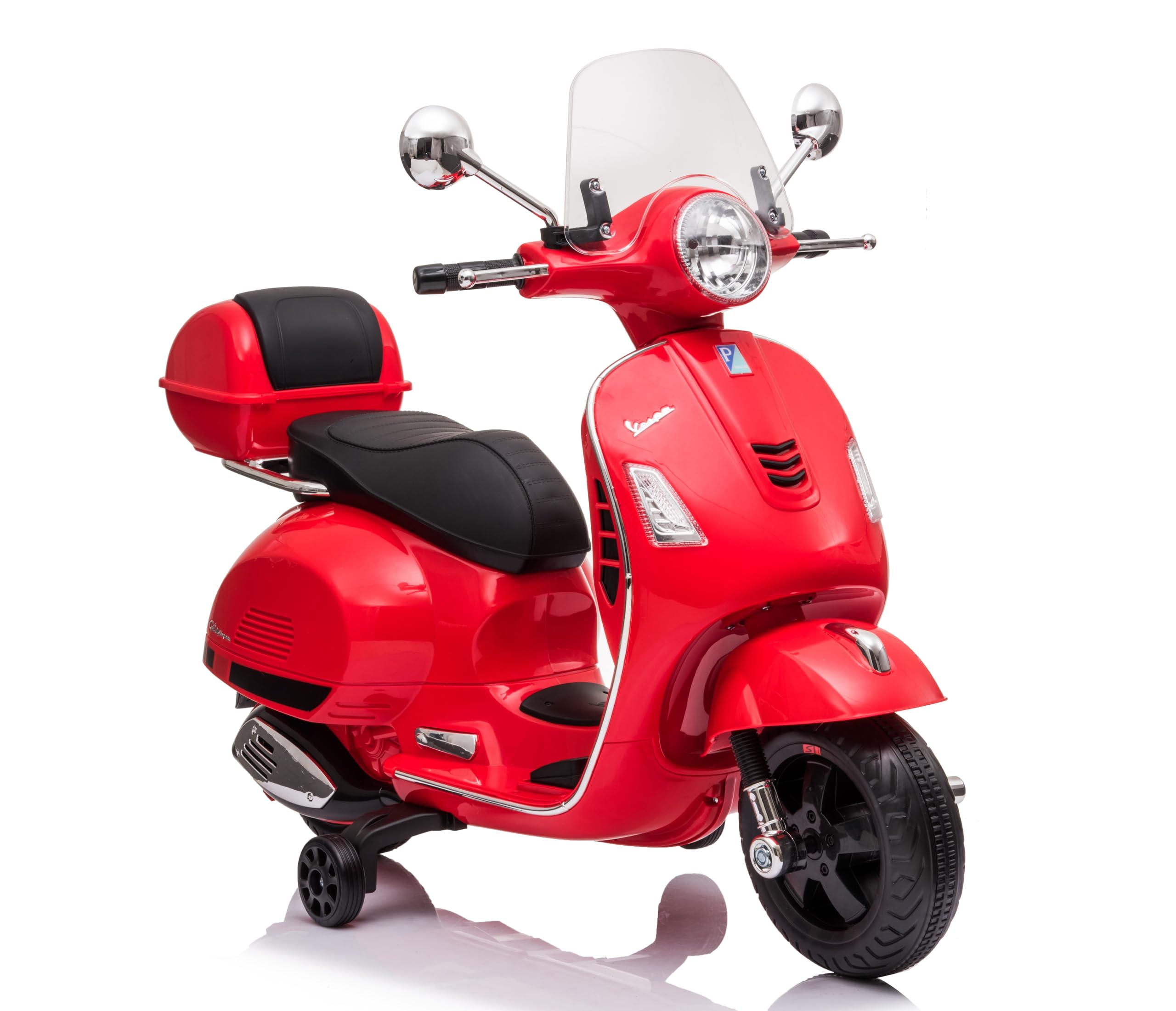 Mondial Toys Moto Elettrica per Bambini 12V con Licenza Ufficiale Vespa Piaggio – Modello GTS Super, Luci LED, MP3, Sedile in Pelle, Bauletto – Rosso