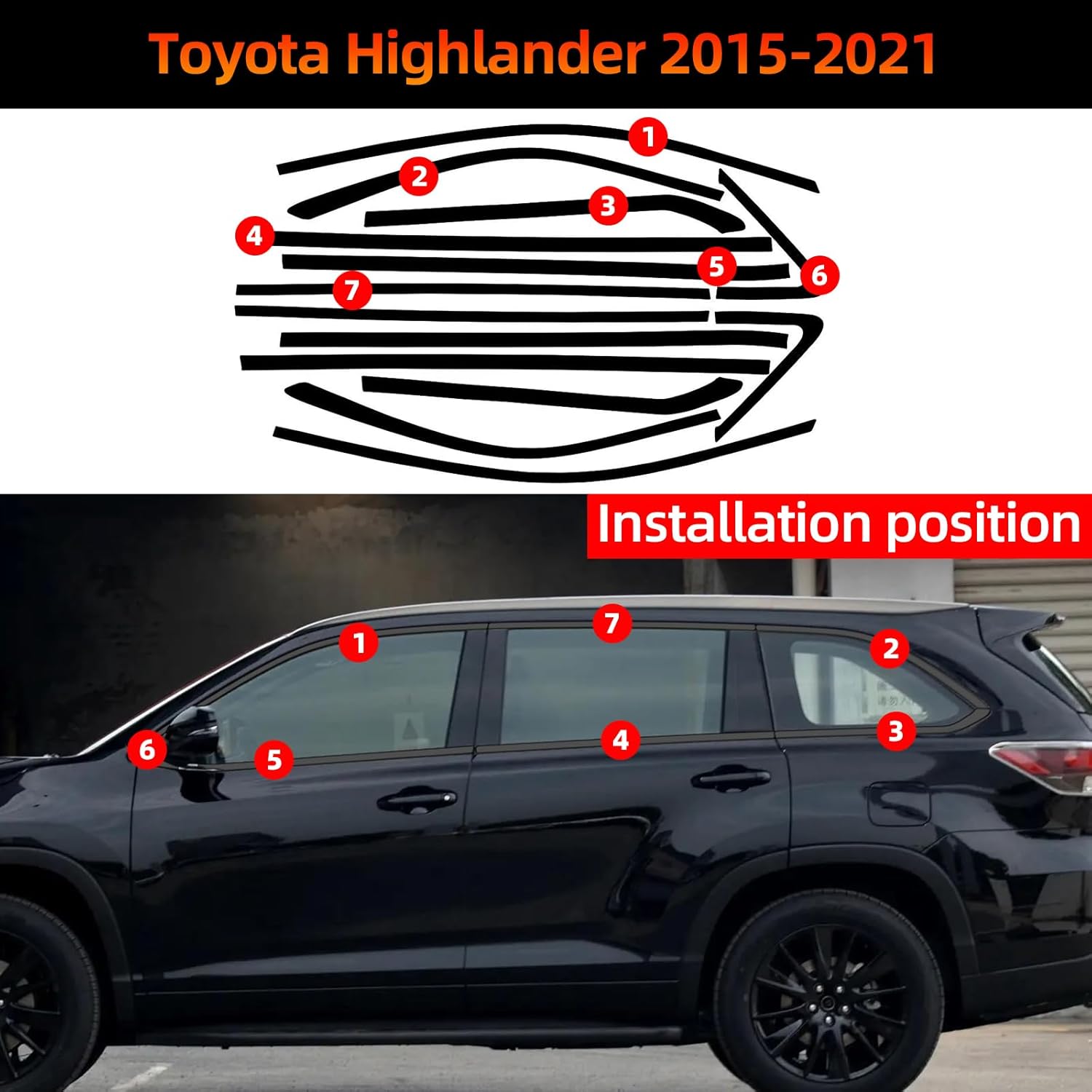 Side Window Trim Chrome Delete Blackout Overlay Kit Pre-Cut Vinyl Compatible for Toyota Highlander 2015-2021