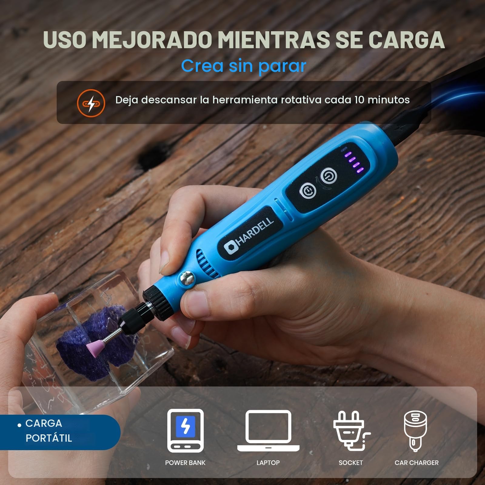 HARDELL Mini Amoladora Eléctrica, 3.7V Herramienta Rotativa Inalambrica con 43 Accesorios, Usar Mientras Se Carga, 5 Velocidades Variables para Pulido, Grabar, Taladro, Lijado, Moler, Bricolaje