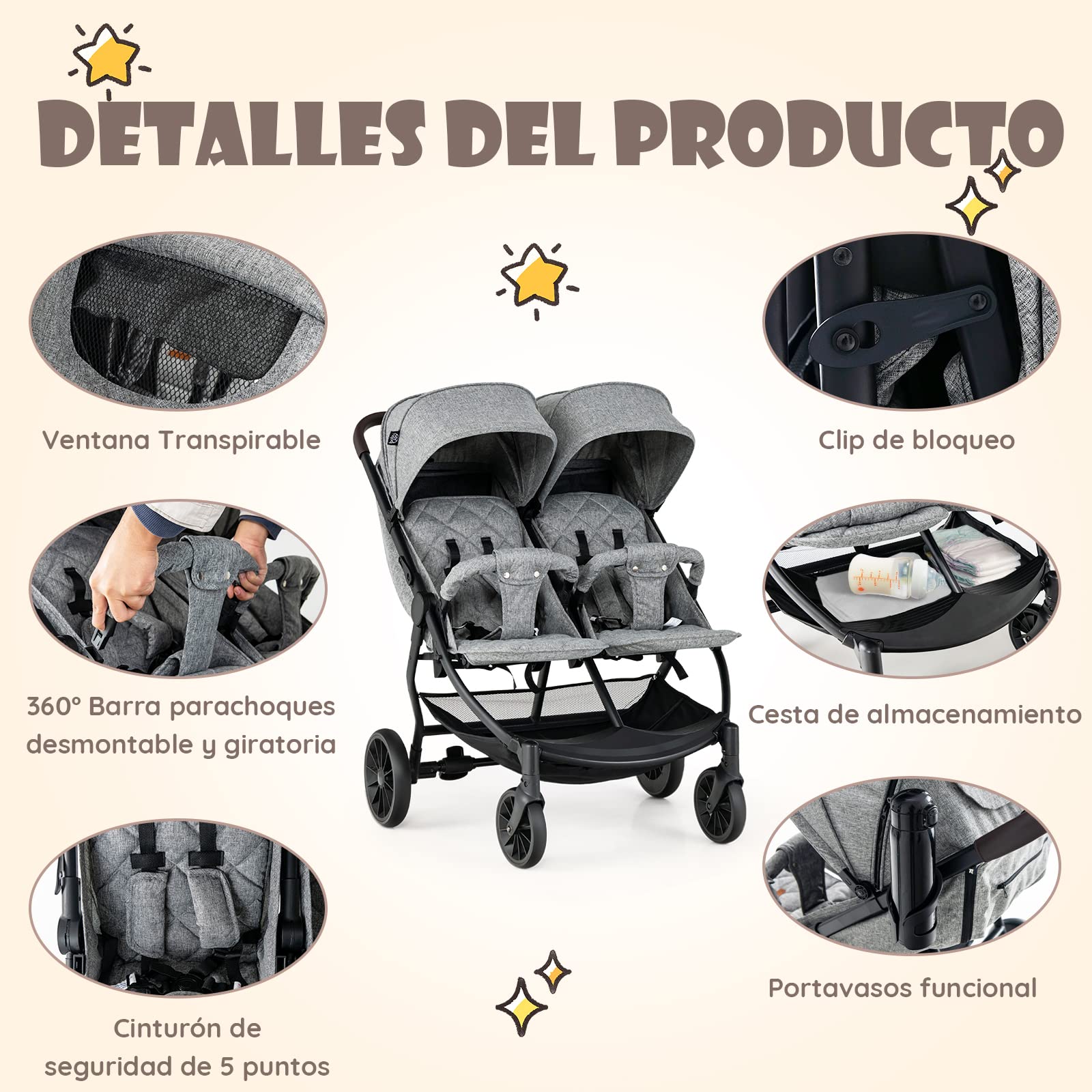 COSTWAY Carrito Gemelar Bebe, Silla de Paseo Gemelar hasta 22 kg, Doble Cochecito de Bebé Plegable, Cochecito Infantil con Reclinación Individual, Respaldo Ajustable, Reposapiés & Toldo (Gris Claro)