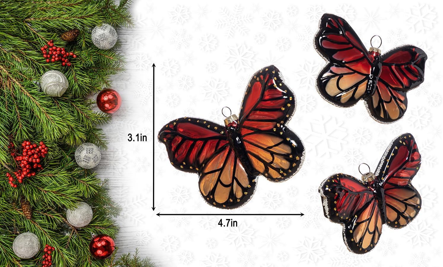 Set of 2 Hand Blown Glass Butterfly Ornaments for Christmas Tree, Colorful Glass Butterfly Christmas Ornaments - Image 2