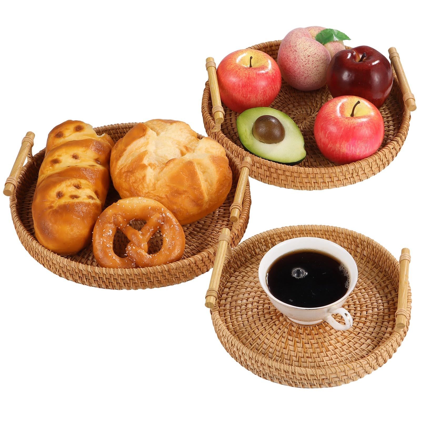 3 szt. rattanowe tace koszykowe, okrągłe kosze do serwowania z wikliny, rattanowa taca z uchwytami, ręcznie pleciona taca do przechowywania, pleciona, taca do serwowania chleba, owoców, przekąsek