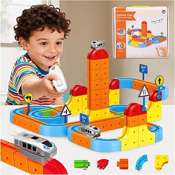 Upgraded RC Electric Train Set, 147PCS Remote-Control 3D Racing Track Sets with Anti-Gravity Electric Train, Traffic Signs, Flexible Race Track for Kids 3-8, klick Rail STEM Learning Toys